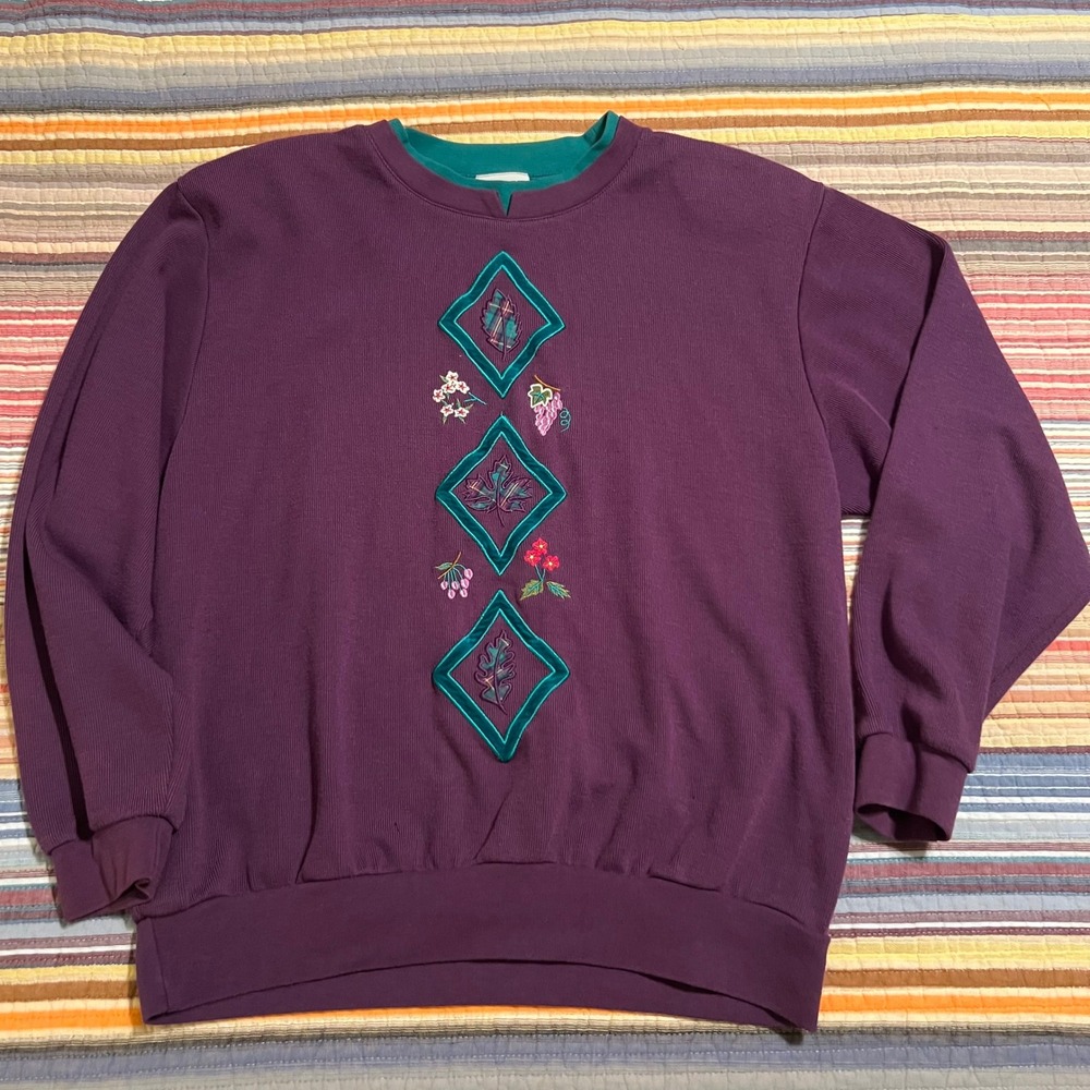 KORET Womens Purple Emerald Green Trim Embroidered Leaf Floral Sweatshirt Large